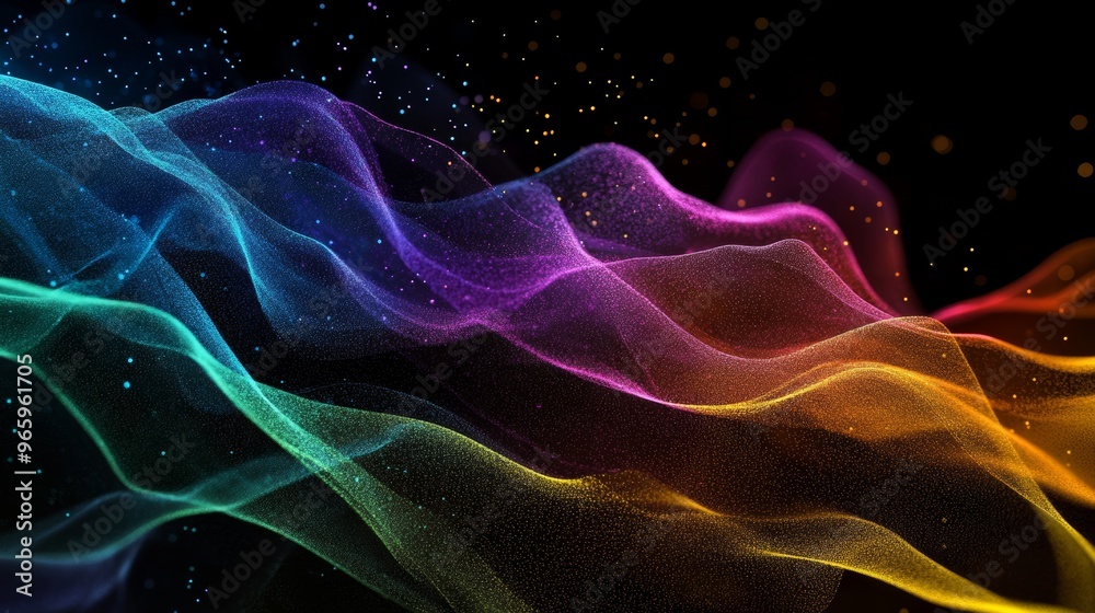 Wall mural Abstract colorful particles flowing forming wavy lines on black background