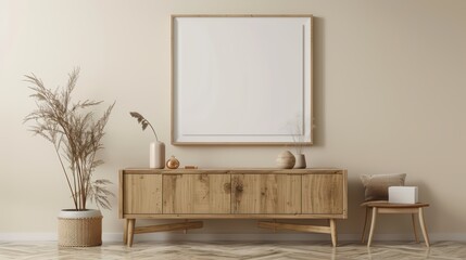 Modern living room interior with wooden furniture, a blank frame, and decorative elements to enhance minimalist design.
