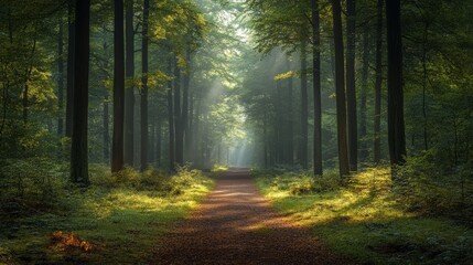 Fototapeta premium Sunbeams through Forest Trees on Path