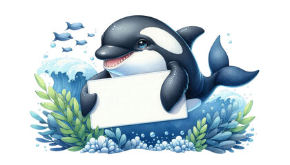 A cheerful orca with a big smile holds a blank sign in front of a beautiful ocean scene with waves, seaweed, and fish. The orca's pose and the blank sign invite viewers to imagine their own message or