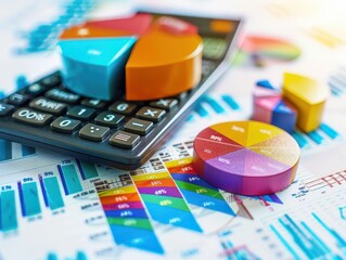 Colorful pie charts and a calculator on a financial report, illustrating data analysis and business statistics visually.