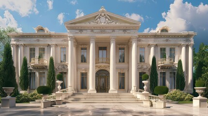 Obraz premium Stunning mansion with elaborate architecture, lush gardens, and grand entrance under a clear blue sky.