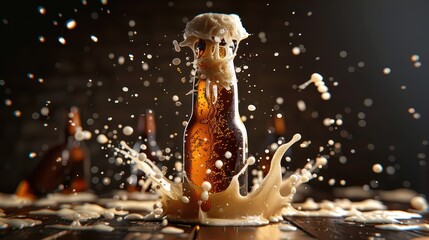 Splashing beer bottle with foam, capturing refreshment and celebration in a vibrant setting.