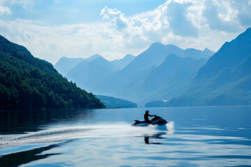 Fototapeta premium Jet ski racing across the surface of a lake