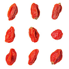 Nine dried goji berries arranged in a grid on a black background.