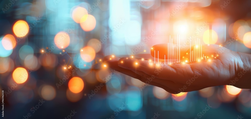 Poster A hand holds glowing data visualizations, symbolizing technology and innovation in the digital age with a vibrant bokeh backdrop.