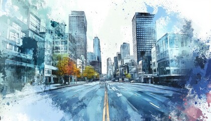 Obraz premium City road view featuring buildings illustrated with a watercolor splash and hand drawn sketch in a 2D cartoon style
