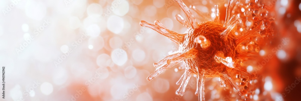 Poster detailed red virus with sharp spikes, floating against a blurred white background. highlights viral 