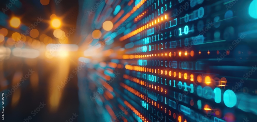 Fototapete Abstract digital background featuring blurred lights and binary code, representing technology and innovation in a modern world.