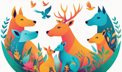 A deer, two dogs, and two birds are surrounded by colorful flowers and leaves in this illustration