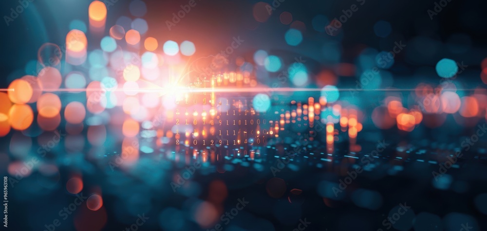 Poster Abstract digital visualization with glowing lights and vibrant colors, representing data flow and technological innovation.