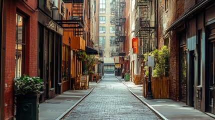 Fototapeta premium A quiet downtown alleyway lined with small businesses, framed by tall commercial buildings and fire escapes.