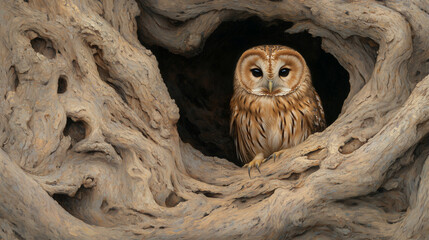 A small owl is sitting in a hole in a tree trunk