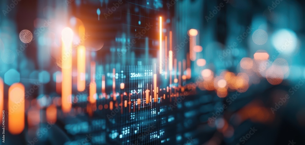 Poster futuristic digital design featuring vibrant glowing data bars and abstract patterns in blue and oran