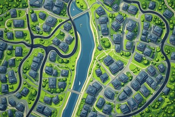 Obraz premium High resolution 2D cartoon style city map illustration featuring boundaries and editable paths showcasing main roads side roads and watercourses in a clear design