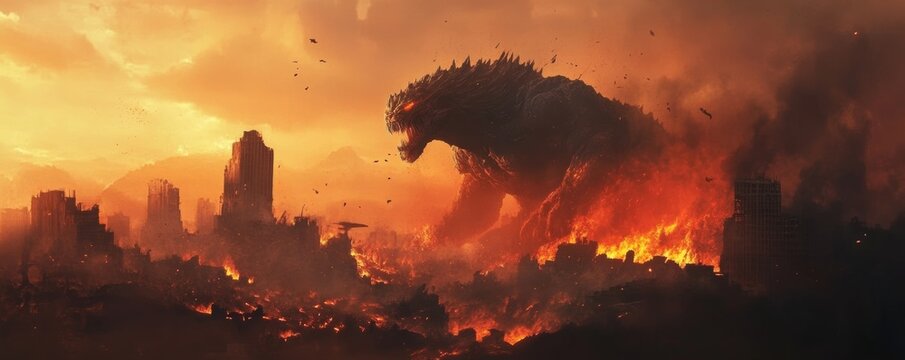 Giant monster destroying city with fire in background