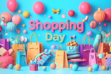 Vibrant shopping day scene with colorful bags, balloons, and festive decor for a cheerful shopping experience.