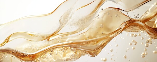 Fototapeta premium Golden liquid flowing and forming bubbles on light background