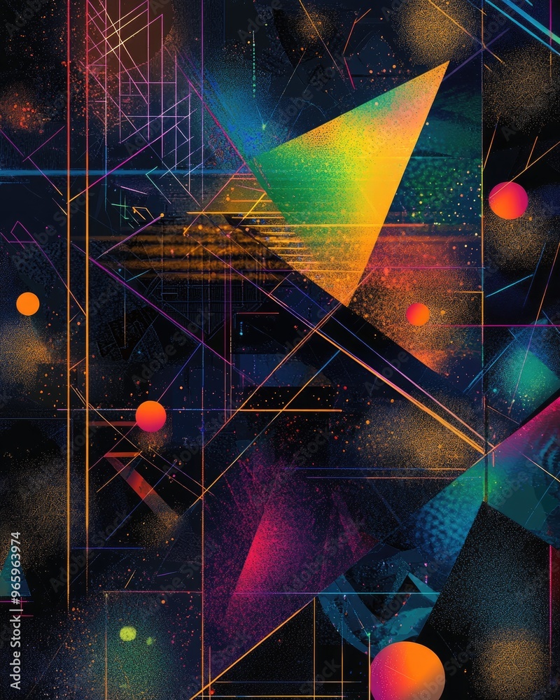 Poster vibrant 2d cartoon illustration of a mesh map featuring abstract lines triangles and glare spots on 