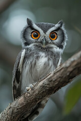 Owl with piercing eyes perched on a tree branch at dusk