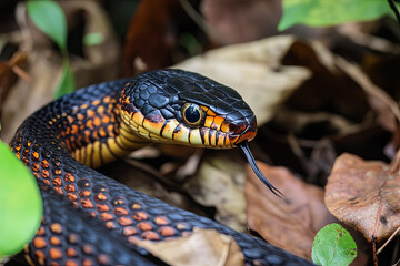 Fototapeta premium Venomous snake coiled and ready to strike in the underbrush