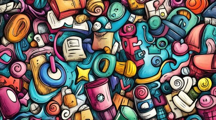 Obraz premium Cute hand drawn cartoon doodles featuring detailed line art and a variety of objects in the background Playful 2D cartoon artwork with a watercolor artistic theme
