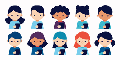 Fototapeta premium set of children characters, girls and boys with smartphone, Vector flat cartoon illustration, white background