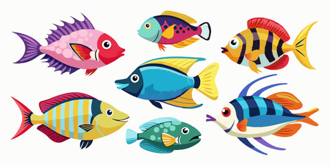 Fototapeta premium set of icons, exotic fish, done in animation style, white background