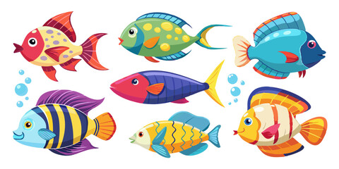 Fototapeta premium set of icons, exotic fish, made in animation style in a rich light style, white background