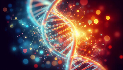 A DNA double helix structure against a blurred colorful background. The DNA strands are depicted with glowing vibrant colors showcasing the nucleotide bases and phosphate backbone