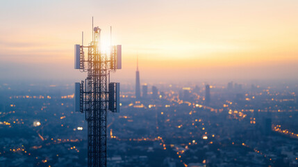 Telecommunication tower or Mobile phone tower with 5G cellular network . Global connection and internet network concept.on city background.