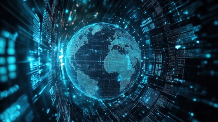 A mesmerizing digital globe is illuminated in vibrant blue hues, signifying a fusion of technology and the essence of our planet.