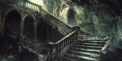 Obraz premium Decaying Stone Staircase Leading into a Dark and Eerie Interior of an Abandoned Mansion
