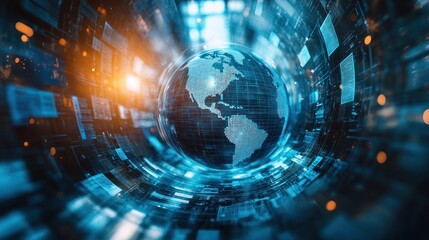 Obraz premium A mesmerizing digital globe encircled by vibrant data patterns, illustrating the beauty of our interconnected world and technology's influence.