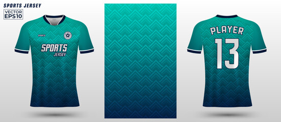 T-shirt sport jersey design template with geometric line pattern background. Sport uniform in front and back view. Shirt mock up for sport club. Vector Illustration