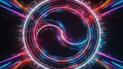 Vibrant abstract neon illuminated design, concentric glowing rings move futuristically in a tunnel shape. Technology BACKGROUND
