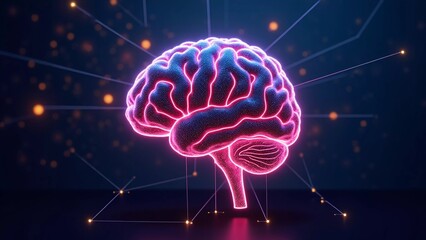 Neon Brain with Network Connections, glowing neon brain with web-like connections extending out from it