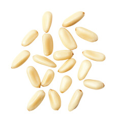 A scattering of pine nuts against a black background.