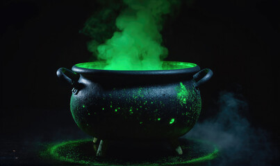 A black cauldron filled with green liquid and smoke sits against a dark background