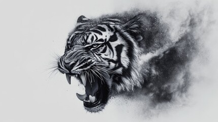 Black and white tiger showing teeth roaring disintegrating into particles