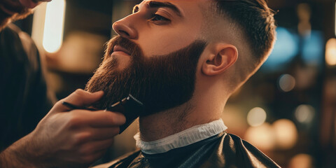 Barber expertly trims a stylish beard in a trendy barbershop, showcasing grooming skills with a hair clipper. Close-up image captures razor blade in action, perfect for beard styling