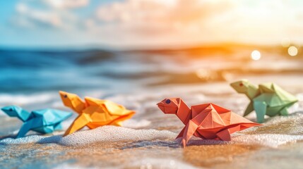 Colorful origami turtles walking on the beach at sunset
