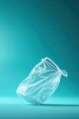 Fototapeta premium A floating plastic bag in a vibrant turquoise background, symbolizing waste and environmental issues.