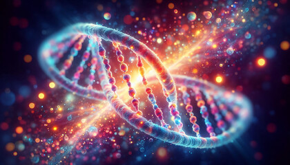 A DNA double helix structure against a blurred colorful background. The DNA strands are depicted with glowing vibrant colors showcasing the nucleotide bases and phosphate backbone