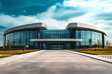 Obraz premium Modern glass building with a sleek design and landscaped surroundings.