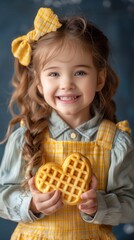 Naklejka premium Studio portrait of a happy girl in grey shirt and yellow dungarees, braided hair adorned with bow, holding heart pastries against a cheerful blue backdrop.