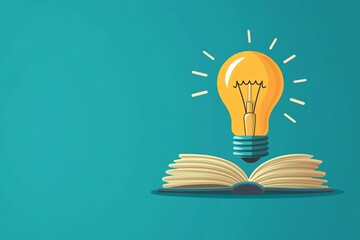 A light bulb emerges from an open book, symbolizing knowledge and ideas on a vibrant teal background.