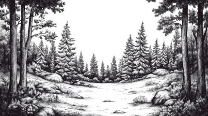 Fototapeta premium Hand drawn forest landscape illustration in a vintage engraving style Editable 2D cartoon artwork 8 EPS files included