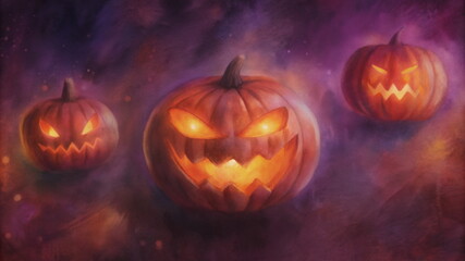 Obraz premium Scary carved pumpkins glowing in the dark for Halloween celebration in spooky atmosphere copy space