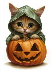 A cute kitten dressed in a green hooded cloak is holding a jack-o-lantern.
